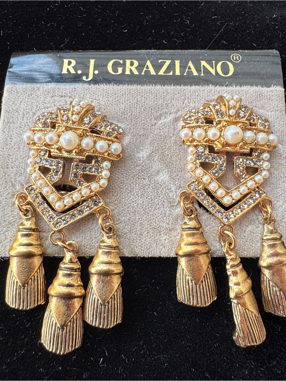 Vintage RJ Graziano Gold Pearl & Crystal Tassel Statement Earrings